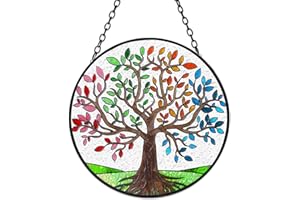 Tuitessine Tree of Life Stained Glass Suncatcher Four Season Theme Colorful Leaves Window Wall Hanging Ornament Hand-Painted Glass Panel Decor Gift for Women Christmas Thanksgiving Gift 6.3 * 6.3”