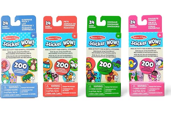 Melissa & Doug - Sticker Wow - 4 Mini Blocs D’Activités à Thèmes + 4 Recharges De 200 Autocollants pour Tamponneuse À Stickers - Activité Manuelle Enfant - Loisir Créatif - Cadeau Enfant 3 Ans Et +