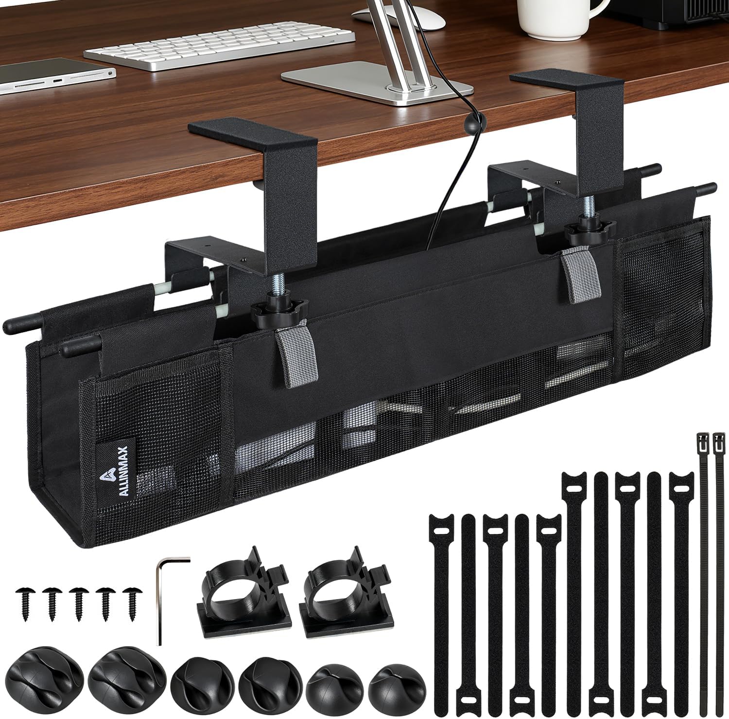 Organizador de Cables Escritorio de Tela, Montaje con Abrazadera o Tornillos, Bandeja Cables Escritorio Que Recoge, Organizer y Ocultar, Management Under Desk Kit para Oficina en Casa