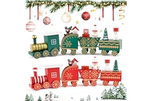 FLOFIA 2pcs Pequeño Tren Navideño de Madera con 4 Vagónes Variados 20x6x3cm, Mini Tren Madera de Navidad, Adorno de Navidad para Decoración Regalos Navideños Mesa Escaparate, Rojo + Verde
