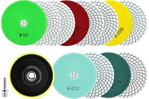 QUEFORET Diamond Polishing Pads Set 14 Pieces - 12 Pieces 100 mm Wet Polishing Wheels (Grit 50/100 x 3, 200/400/800 x 2), 1 Piece Polishing Plate, 1 Piece Adapter for Granite Marble Quartz Artificial