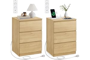 VASAGLE Kailyn Collection - Table de Chevet avec Multiprise, Lot de 2, Table d’Appoint avec 3 Tiroirs, 2 Prises CA, 2 Ports USB, pour Salon, Chambre, Bureau, Moderne, Jaune Paille LET831Y70