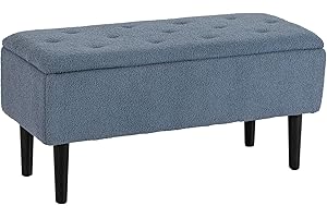 HOMCOM Puff Almacenaje, Banco Almacenaje Plegable, Capacidad de 57 L, 95x38x45 cm, Tapizado en Borreguito, Pie de Cama con Tapa Abatible y Patas de Madera, para Salón, Dormitorio, Entrada, Azul