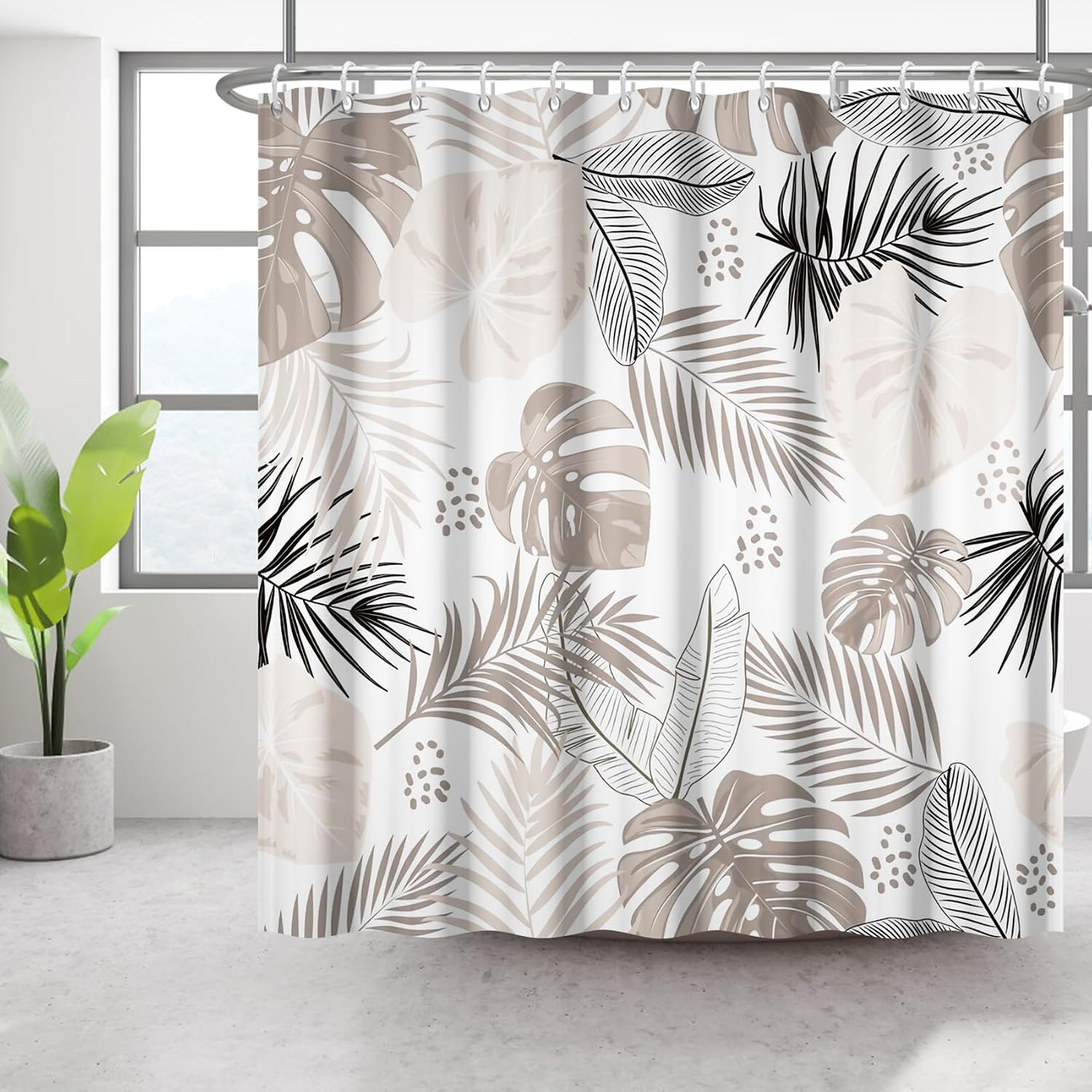 Bovlleetd 152x183cm Cortina de Baño Bohemia Impermeable Cortina de Ducha de Arte Abstracto Planta Tropical de Medio Siglo Cortinas de Ducha Lavables para Bañera con Gancho