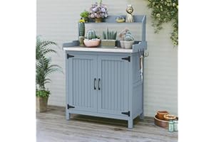 HOLTICO Potting Table Outdoor, Wooden Potting Bench Table with Metal Tabletop and Storage Cabinet, Garden Planting Table Work Station for Garden, Patio, Greenhouse