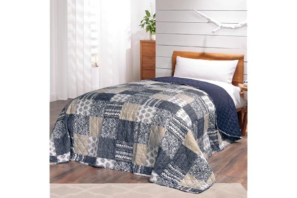 Överkast, lapptäcke, i vintagedesign, sängöverkast i lapptäcksstil, för enkelsäng, 140 x 210 cm, blått (Mellow