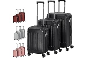 Arebos - Valigia rigida con ruote | in ABS | con serratura TSA e 4 ruote Nero| Nero | Set valigia | M+L+XL