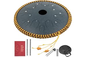 VEVOR Tambor de Lengua de Cobre de 14 Notas, Plato Forma, Hand Pan de 36 cm con Decoración de Cuerda Azul Marino, Instrumentos de Percusión de Tambores con Bolsa, Libro, Mazas y Soporte de Mazo