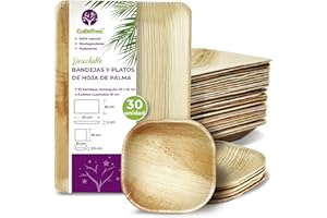 GOBETREE Platos de Hoja de Palma 30 Piezas desechables, 25 Bandeja Rectangular de 23 x 16 cm y 5 Platos Cuadrados de 10 cm. vajilla Rustica de Madera para barbacoas y Fiesta.Alternativa a Bandeja Bambú