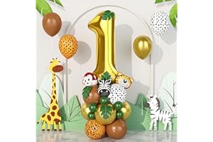 BALLOON DANCE Jungle 1st Birthday Decorations Boys,40 Inch gold number 1 Balloons with Animal Foil Balloons and Jungle Safari Balloons for baby Boys Girls Birthday Party Decorations Baby Shower