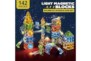 Dilhvy Montessori STEM, zestaw 142 magnetycznych klocków z kulką, kolorowe płytki Magna Tiles, kolorowe i kolorowe światło, silne magnesy zabawki, Montessori STEM, gra magnetyczna dla dzieci w wieku