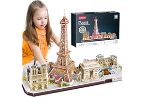 CubicFun Puzzle 3D de France Paris LED CityLine - Tour Eiffel, Notre Dame de Paris, Le Louvre, Arc de Triomphe Kits de Décoration et Cadeau Souvenir, 115 Pièces