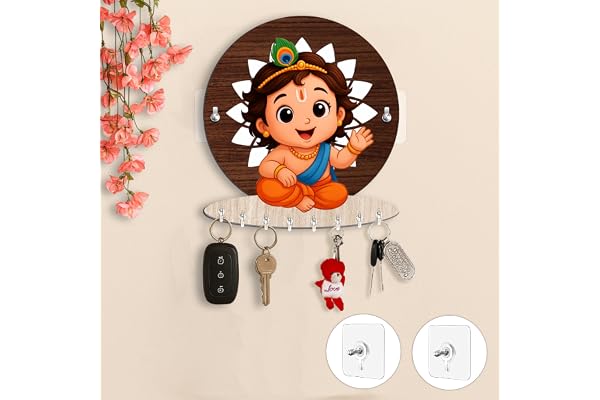 Rousrie Baby Krishna Wooden Key Holder for Home Without Drill, Brown, 8 Hooks, Modern Style, No-Drill Wall Mount Design for Home Office (Bal Krishna)