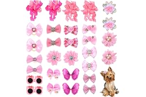 Bremorou 30 Pcs Pink Small Dog Hair Bows Cute Flower Bow With Rubber Bands Cute Bulk Puppy Dog Hair Bows Handmade Flower Ball Bowknot Top Knot For Holiday Daily Small Dogs Girl Hair Accessories Gift
