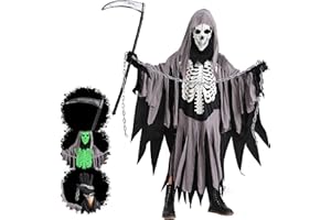 Miulruma Sensenmann Kostüm Kinder Grim Reaper Halloween Kostüme Set mit Taille Kette und Spielzeug Scythe für Jungen Mädchen Karneval Faching Mottoparty Costume
