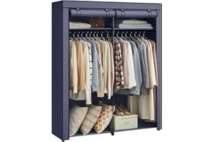 SONGMICS RYG002I02 Armoire en Tissu avec Barres à Suspendre, Porte-Manteau, Pliable, pour Chambre, Bureau, 140 x 43 x 174 cm, Bleu foncé