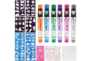GIGMETA Tattoo Stifte 6 Farben Glitzer Set für Kinder, Glitzer Tattoo für die Haut, Tatoostift mit 8 Schablonen 80 Muster und Gesicht edelstein für Jungen und Mädchen Party Verkleiden