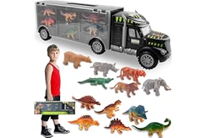 Pup Go Dinosaur Truck Toys for Boys - Transporter Truck Toy Car Carrier include 12 Mini Dinosaurs Animals Figures - Double Inside Storage Set with Portable Handle - Gift for Kids Age 3+ Years Old