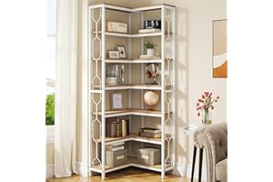 Tribesigns Etagere - Scaffale angolare industriale a 7 ripiani, in legno e metallo, scaffale autoportante per soggiorno, cucina, casa, ufficio, bianco e naturale