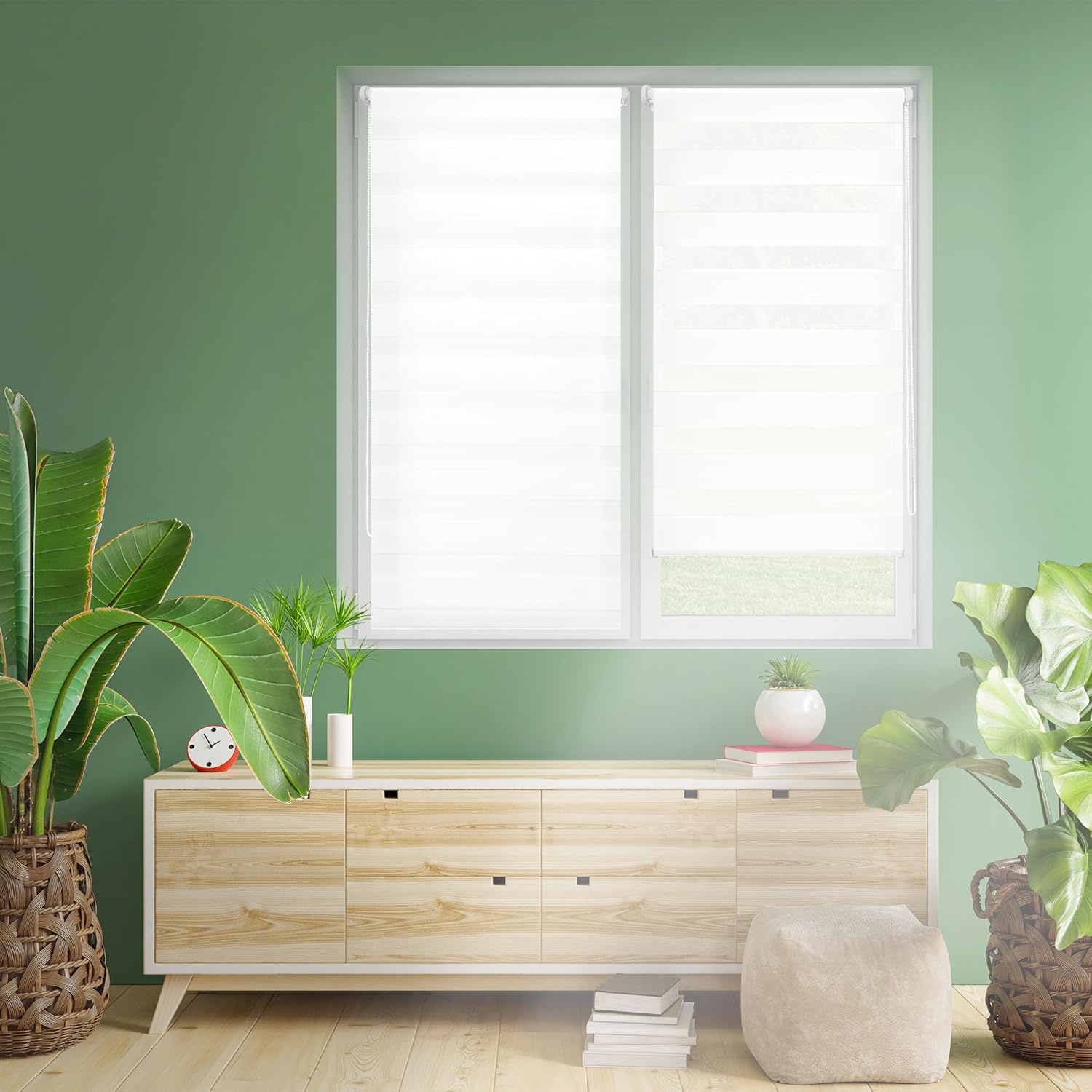 Blindecor Indus SIN HERRAMIENTAS | Estor Enrollable Sin Taladrar de Doble Capa | Color Blanco 50 x 130 cm (ancho x largo) | Tamaño de la Tela 47 x 125 cm