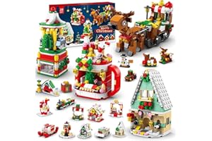 LATERN Calendrier de L'avent de Noël 2025, 24 Jours Calendrier de Compte à Rebours de Noël avec 1099 Pièces 6 En 1 Élan Traîneau Maison Construction Jouets pour Enfants Noël Cadeaux Fêtes Décoration