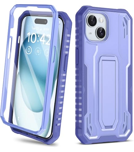 SHEDEER 4-in-1 IPhone 15 Pro Max Hülle – Mit Schutzfolie, Stoßfänger & Kameraschutz, Militärischer Stoßschutz, Marmor-Design, Lila