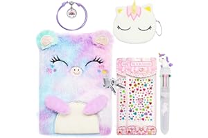 ICEBLUEOR Secret Diary with Lock for Girls, Plush Cat Journal Notebook Set with Unicorn Coin Purse/Pen/Bracelets/Crystal Heart Stickers, Cute Girls Birthday Gifts for Age at 6 7 8 9 10 Years Old