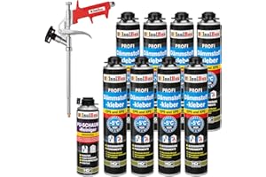 Isolbau B2 Dämmstoffkleber SET - 8 x 750 ml Perimeterkleber, 1 x PU-Schaum-Reiniger & 1x Schaumpistole für EPS & XPS-Platten - 1K PU-Klebeschaum für Fixieren und Isolieren