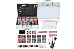 Anpro Estuche de Maquillaje Todo en Uno con Set de Maquillaje Pro Teen, Kit Completo de Cosméticos con Pinceles de Maquillaje, Pintalabios, Paleta de Sombras de Ojos, Colorete, Purpurina en Plateados