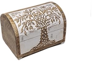 Kunstversteck - Schatztruhe robuste Schatzkiste Holz „Baum des Lebens Design 2“, 28 x 20 x 19 cm, massives Mangoholz, white wash, in Handarbeit gefertigt