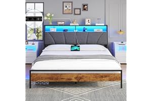 ‎BRINLAWB Brinlawb Bett 180x200 mit Lattenrost aus Metall, Doppelbett 180x200 cm mit LED Beleuchtung, Bettgestell 180x200cm Bett mit Kopfteil und Ladestation (2 AC-Steckdosen, 2 USB-Anschlüsse) Modern, Grau