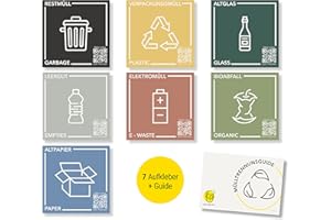 Frank Paperman® 7x Mülltrennung Aufkleber (6×6 cm) – wetterfest & UV-beständig, selbstklebend, zweisprachig DE/EN, mit QR-Code Recycling-Guide