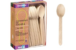 DON PALILLO - Juego de 100 Cucharas Desechables de Madera, 16 cm. 100% Natural, Ecológico, Biodegradable