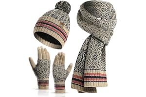 INSISMY Hat Scarf Gloves Set Women's Beanie Hat Long Scarf Thermal Touch Screen Gloves Set 3 PCS Soft Warm Winter Knitted Snowflake Pattern Retro Pom Cap Set for Ladies Men