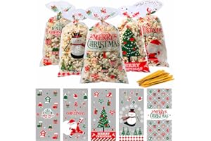 ZHOUHON 100 Stück Plätzchentüten Weihnachten,Kekstüten Weihnachten Transparent,CellophantüTen Weihnachten Und 120 StüCk Goldband,Weihnachtstüten zum Befüllen,Kleine für Süßigkeiten (Weihnachten-1)
