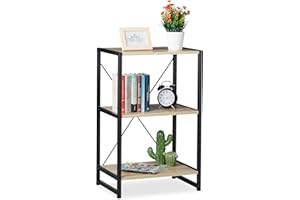 Relaxdays Scaffale in Legno Stile Industrial, Libreria Piccola con 3 Ripiani HLP: 80x50x35cm in Rovere/Metallo, Marrone