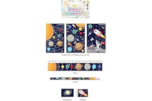 ANILAS 5 Piece Stationery Set - Pencil, Sharpener, Rubber, Ruler, Notepad (Space)