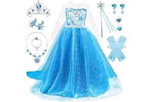 HAMANASU Vestito Elsa Frozen Bambina Carnevale Elsa Vestito da Principessa Elsa Abito da Principessa con Collana Corona Bacchetta Set per Carnevale Compleanno Halloween Natale,2-9 anni