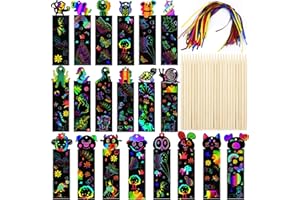 DKIBTOL Scratch Art for Kids, 48 Pcs Magic Rainbow Bookmarks for Children, Scratch Art Party Bag Fillers, Animal Craft DIY Scratch Paper Art Tags with Wooden Stylus and Ribbons for Classroom Birthday Gifts