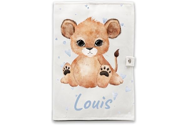 Protège carnet de santé personnalisé - Fermeture pratique à pression, Personnalisable avec texte et cœurs, Flanelle douce et résistante (Lion)