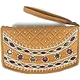 SriShopify Women's Cotton Mirror, Beads and Thread Work Handmade Hand Purse with Mobile Holder (Mustard yellow , Medium 8 Inch )