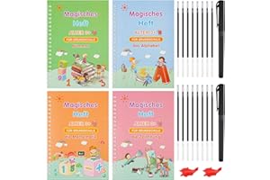 OFFCUP Magisches Heft, 4pcs Magisches übungsheft deutsch, Groove Calligraphy Wiederverwendbares Handschrift Workbook mit 2 Stifthaltern 16 Stiftminen, 2 Schreibhilfe-Silikongreifern (zufällige Farben)