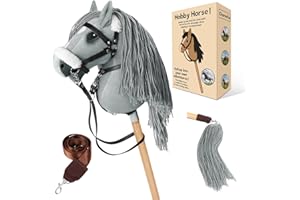 Charmofun Hobby Horse, Caballo de Palo para Niños, Caballo Juguete para Montar con Cabeza A3, Suave Arnés de Felpa y Cola Fluida, Ideal para Juego y Regalo (Gris (con Arnés de Peluche))