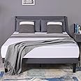 Aptliton Double Bed Frame, Soft Linen Gray 4FT6 Upholstered Bed with Winged Headboard, Wood Slat Support
