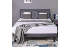 Aptliton Double Bed Frame, Soft Linen Gray 4FT6 Upholstered Bed with Winged Headboard, Wood Slat Support
