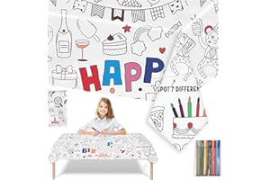 LMSHOWOWO 110 X 80cm Happy Birthday Table Cloth, Coloring Tablecloth with 12 Paint Pens, DIY Kids Party Tablecloth, for Kids Birthday Party Favors Supplies Craft Doodle Art