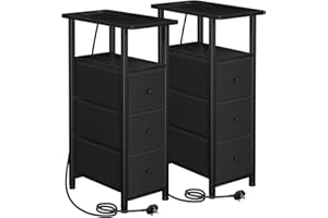 LOAKEKEL Slim Bedside Table Set of 2 with Charging Station, Narrow Side Table with 3 Fabric Drawers, Sofa Table with Open Storage Shelf, Nightstand for Small Spaces, Living Room, Black UHETNDP03BK