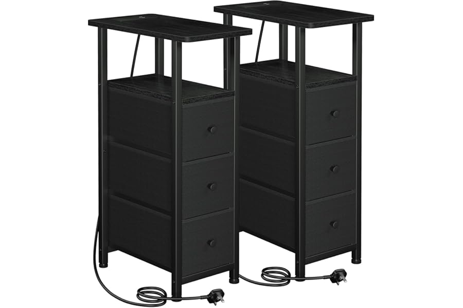 LOAKEKEL Slim Bedside Table Set of 2 with Charging Station, Narrow Side Table with 3 Fabric Drawers, Sofa Table with Open Storage Shelf, Nightstand for Small Spaces, Living Room, Black UHETNDP03BK