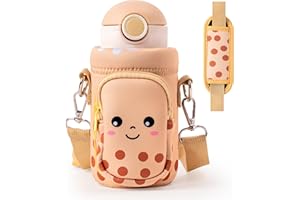 2OOYA Bubble Tea Water Bottle Carrier Bag with Strap for Kids - Cute Neoprene Insulated Water Bottle Bag Holder with Padded Strap Pocket 10/12/14/16/18oz for Boys Girls School Walking Hiking Camping
