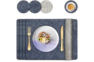 IAGORYUE Placemats and Coaster Sets 4, Faux Leather Table Mats Heat-Resistant Waterproof Non Slip, Wipeable Washable Dual-Sided Floral Place Mat 43x33 cm, Easy to Clean for Kitchen Dinning Restaurant,Blue Grey